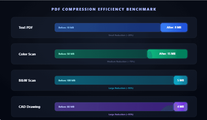 PDF Compression Efficiency Benchmark: Text, Color Scan, B&W Scan, CAD Drawing